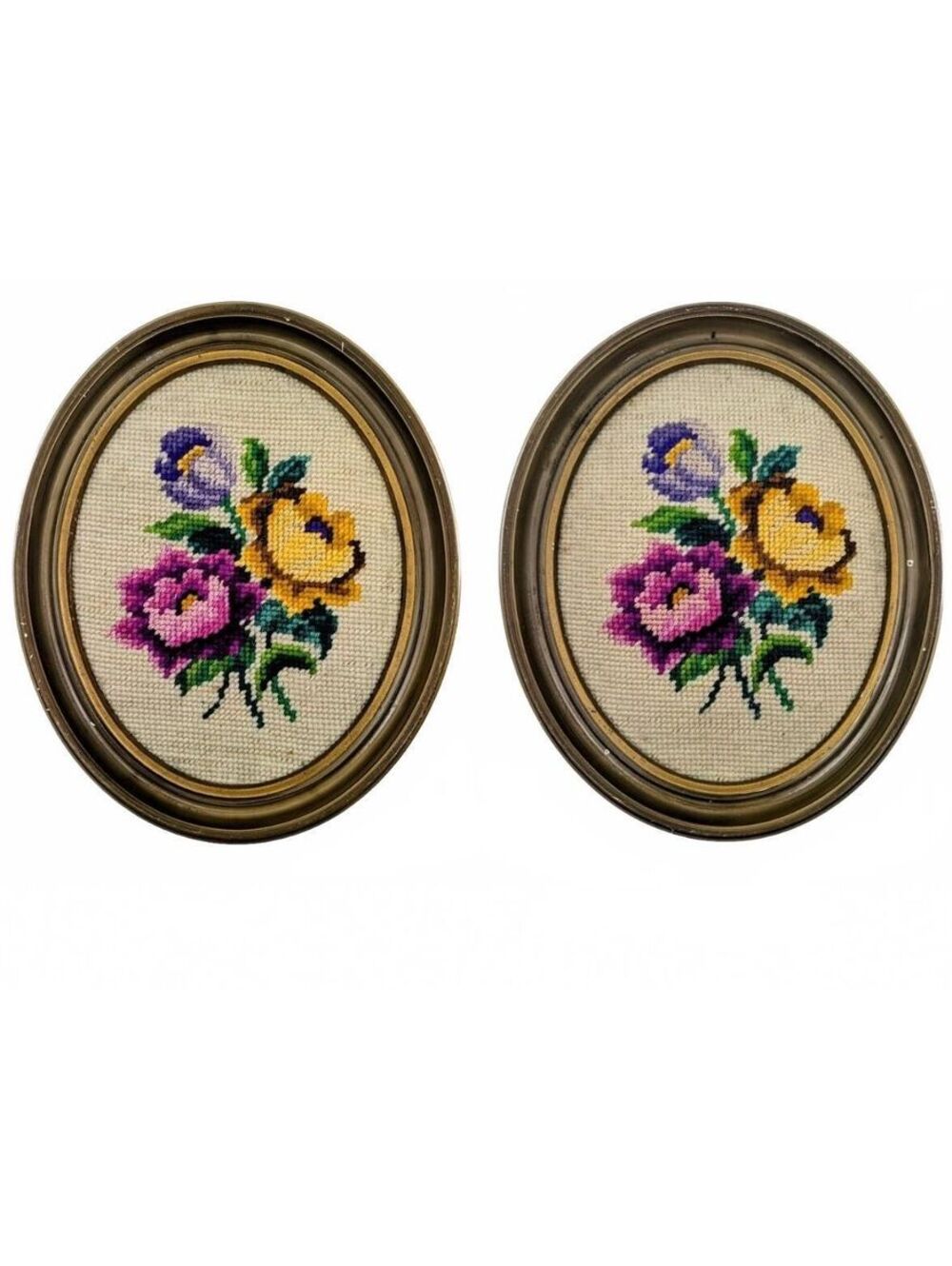 Vintage Set of 2 Oval Floral Needlepoint Wall Art Faux Wood Frames